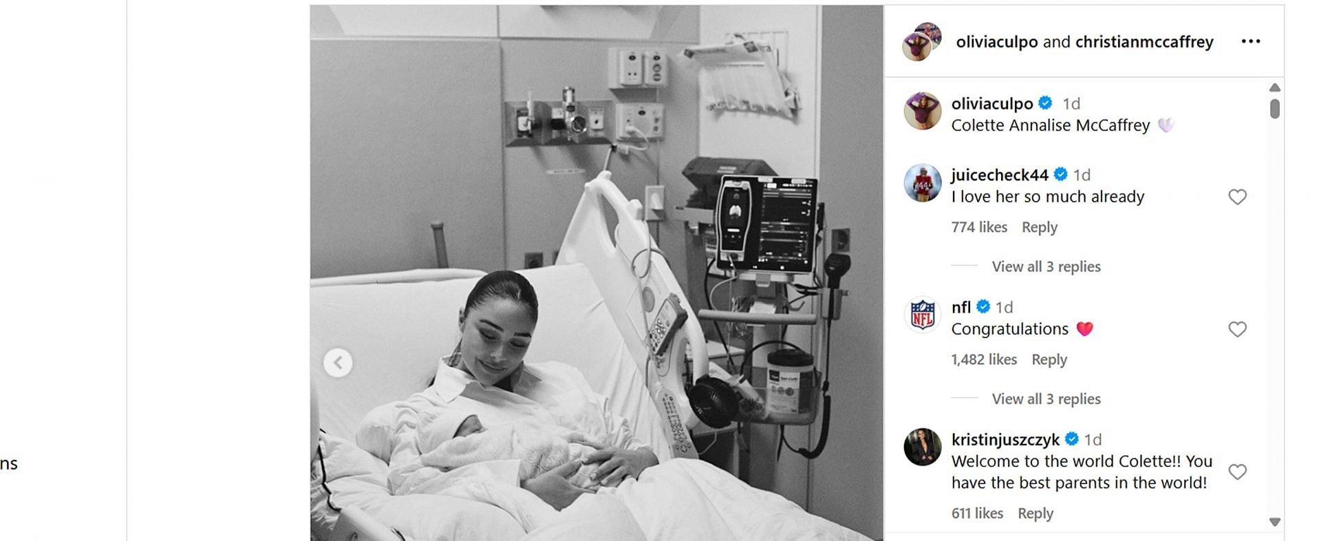 Kyle Juszczyk and his wife, Kristin, sent messages for Christian McCaffrey and Olivia announcing their firstborn/@oliviaculpo
